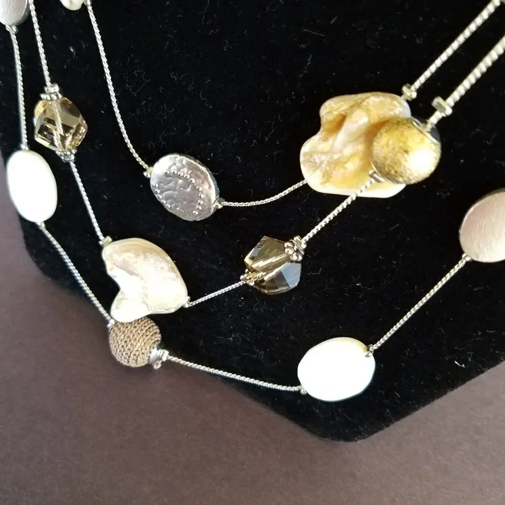 Madison Tyler Mother of Pearl Triple Strand Necklace Beige White 16” 20” plus 3”